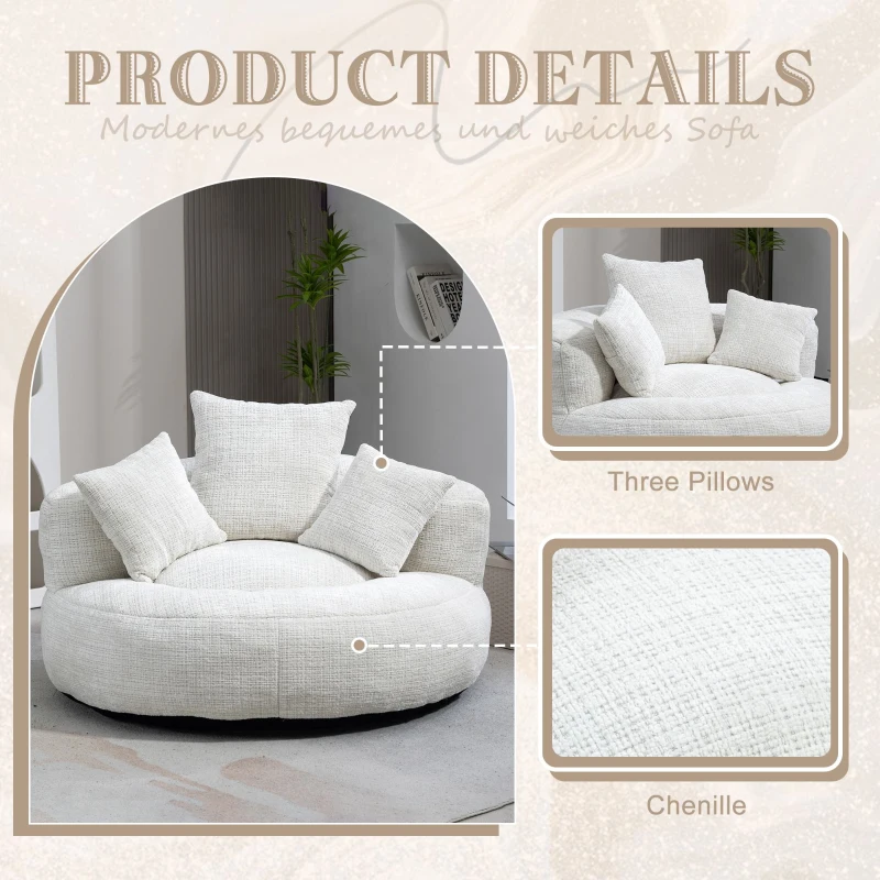 Lazy Sofa Bean Bag Chair with Memory Foam and Chenille Fabric, High Back Design with Three Pillows, 108L x 108W x 52H cm, Beige