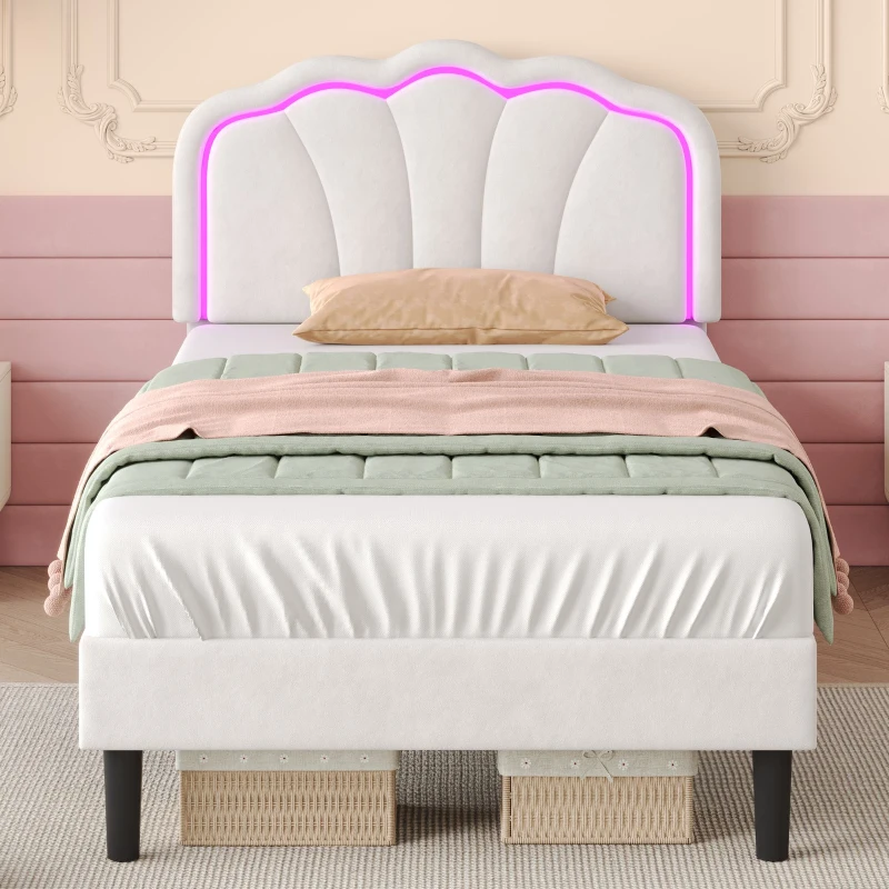 Single Upholstered Bed Frame with Adjustable Shell Headboard and RGB LED, Velvet Fabric and Solid Wood Slat, 194L x 94W x 111H cm, White