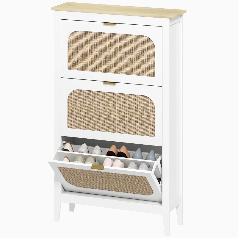 HOMCOM Schuhschrank für 21 Paar im Bohème-Stil mit 3 klappbaren Schubladen, Rattantüren, 80 x 24 x 131 cm, Weiß