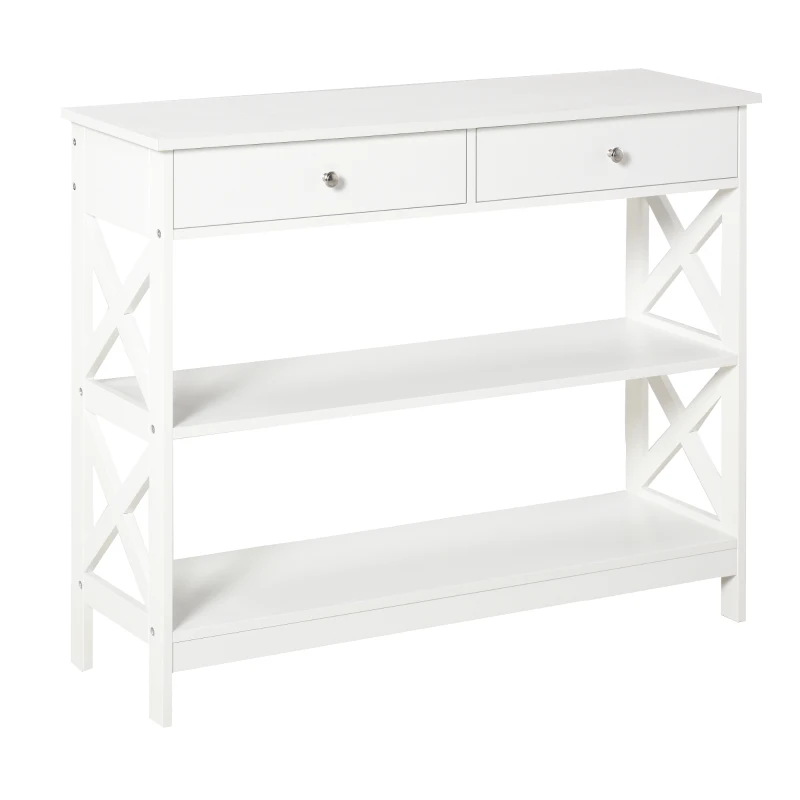 HOMCOM Table de console table d'entrée style table de drapier néo-rétro 2 tiroirs 2 étagères dim. 100L x 30.5l x 80H cm en bois Blanc