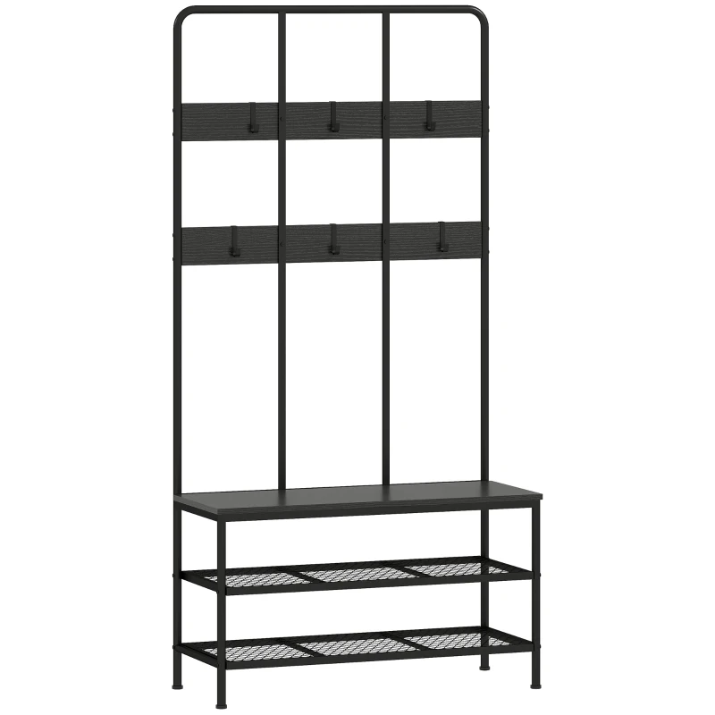 HOMCOM Perchero de Entrada 3 en 1 con 6 Ganchos y Banco con Zapatero, 91x36x180 cm, Negro