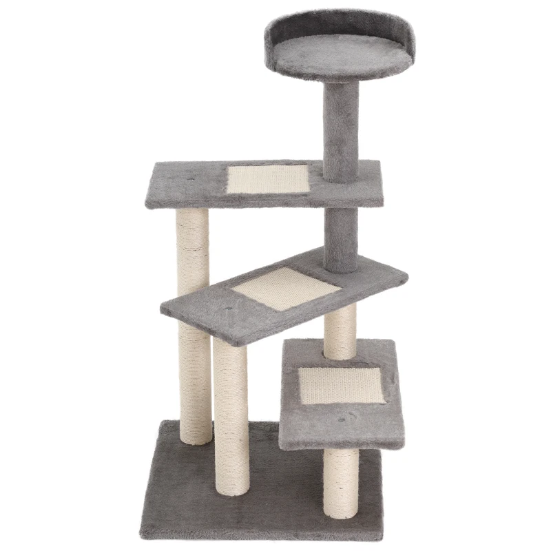 PawHut Árbol Rascador para Gatos 48,5x48,5x100 cm Centro de Actividad 3 Plataformas para Arañar Tablero Aglomerado Cubierta de Felpa Sisal Gris y Beige