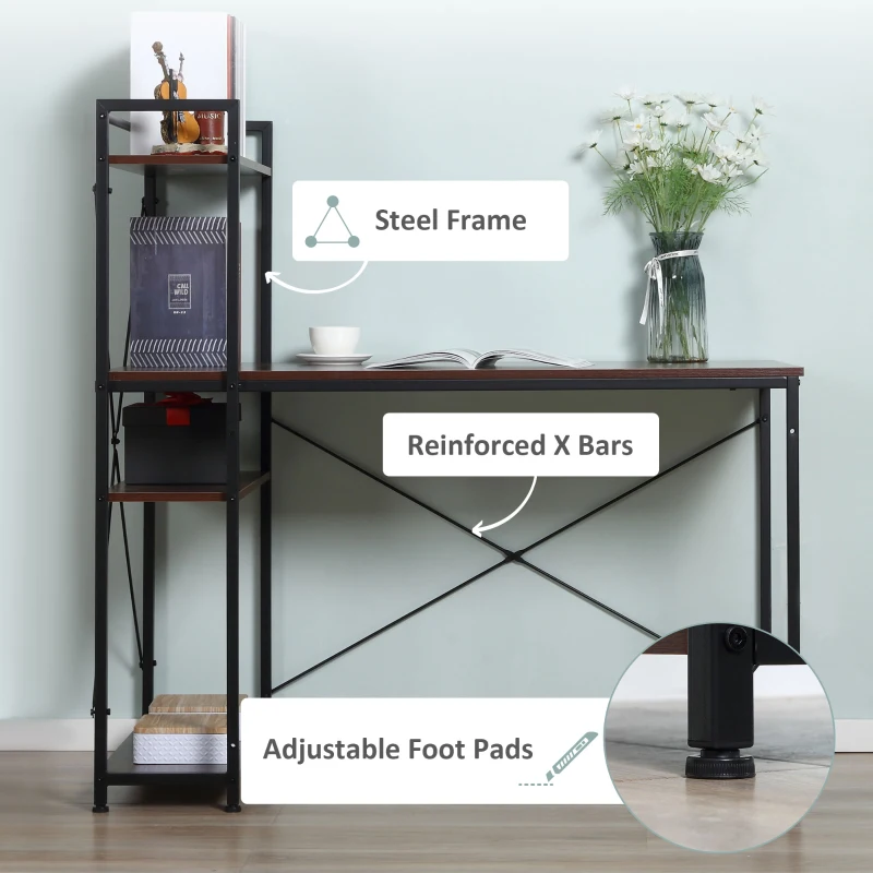 HOMCOM Computer Desk with Storage Shelves, Industrial Writing Table, Study Workstation for Home Office with Metal Frame, Walnut and Black(m-6)