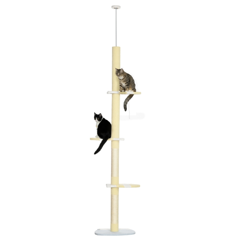 PawHut Árbol para Gatos de Suelo a Techo con Altura Ajustable  Poste de Sisal y Bola para Jugar 47x34x220-260 cm Crema