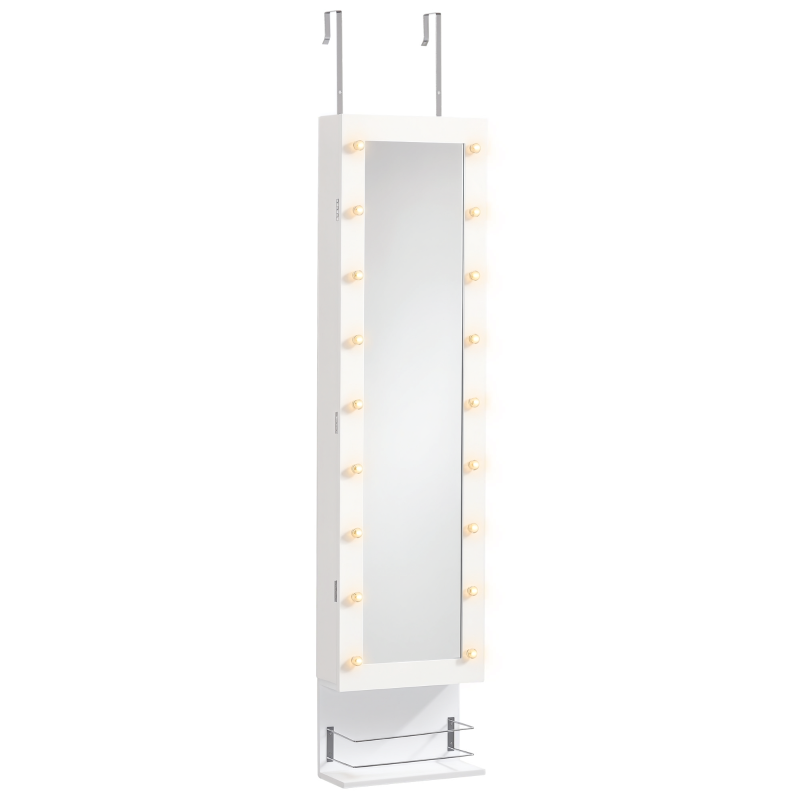 HOMCOM Espejo Joyero Colgante de Pared o Puerta Armario de Joyería con 18 Luces LED Altura Ajustable y Estante Abierto Organizador de Joyas 31,7x13,4x130 cm Blanco