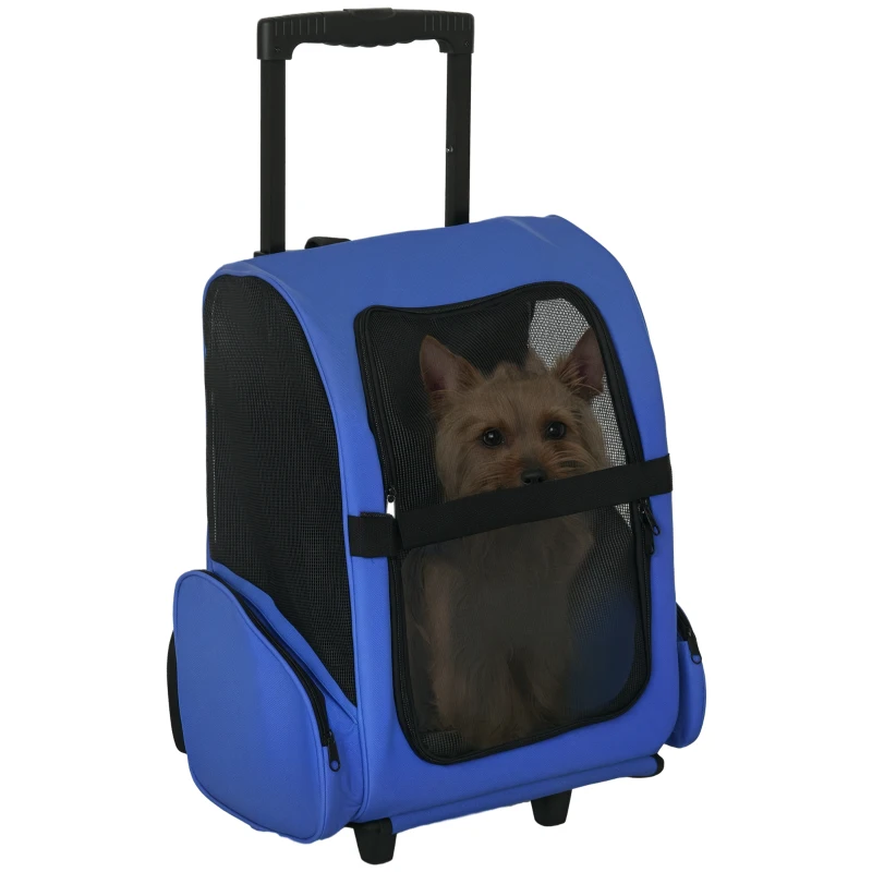 PawHut Trasportino Zaino 2 in 1 per Cani e Gatti con Tasche Laterali, Maniglia Telescopica e Ruote, 42x25x55cm, Blu
