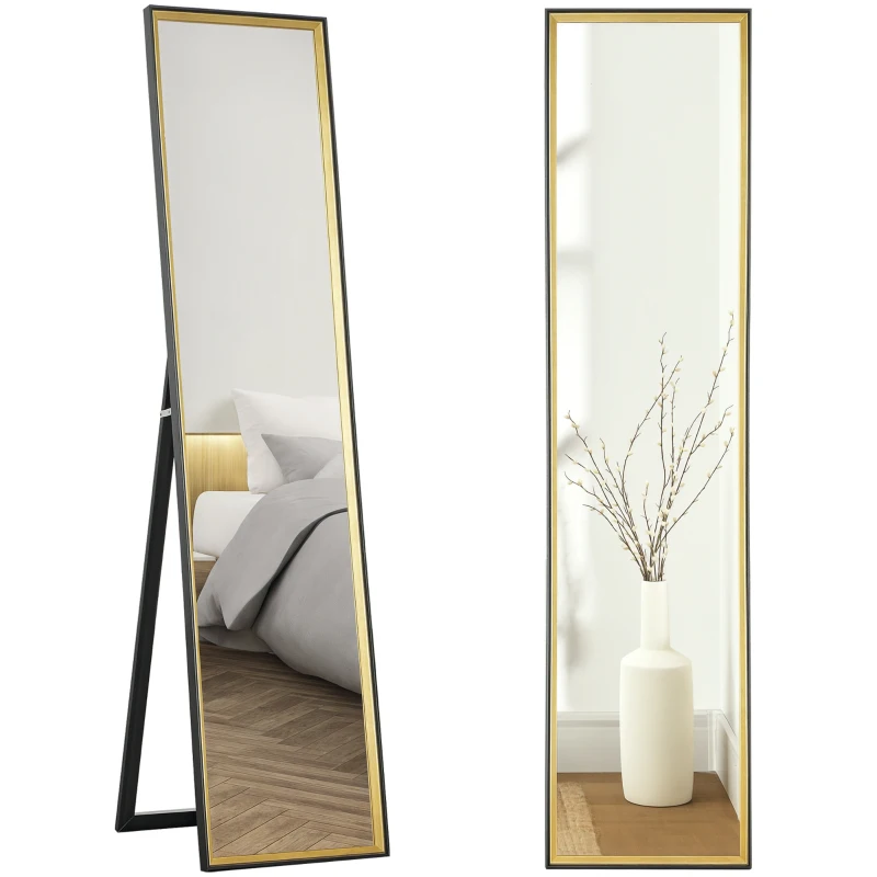 HOMCOM Oglindă de Podea Înaltă cu Suport Posterior și Ramă, Oglindă de Perete din MDF și Sticlă, 37x3x157 cm, Auriu