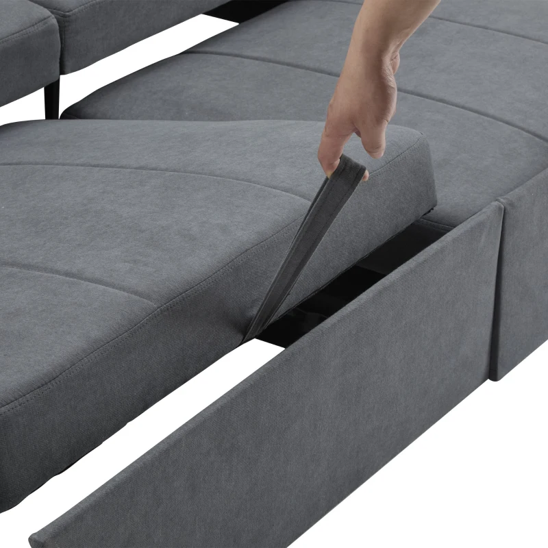 Convertible Fabric Sofa Chair with Cup Holders and Side Pockets, King Size Independent Pull Out Sofa Bed, 207L x 87W x 96H cm, Gray