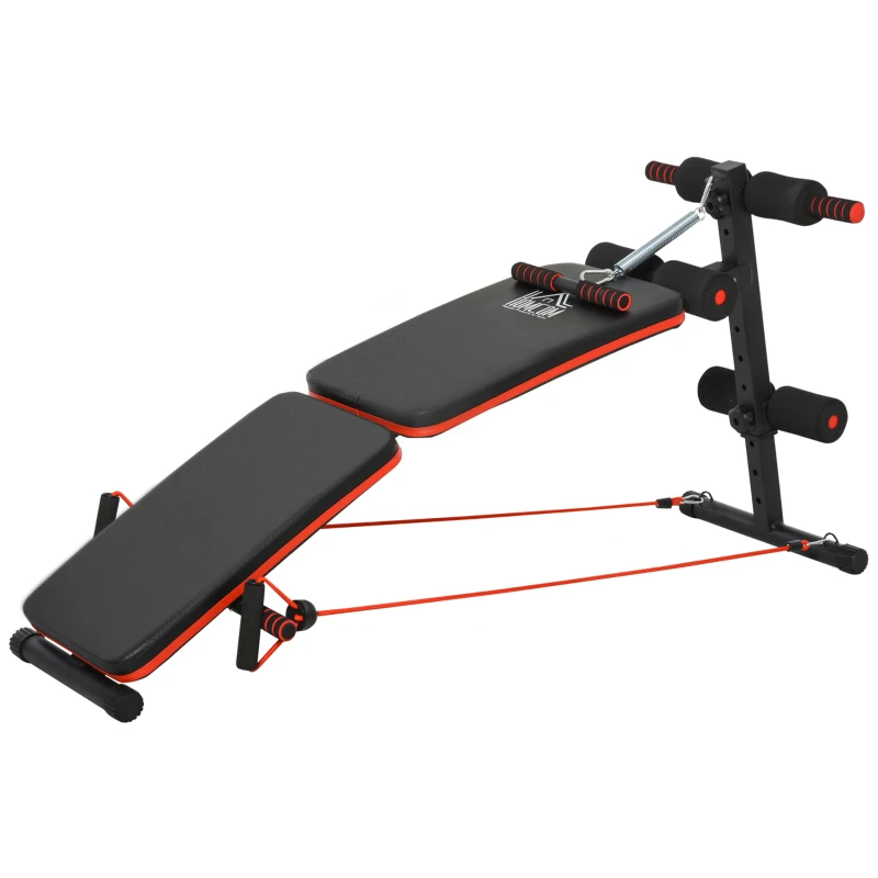 HOMCOM Foldable Sit Up Bench with Resistance Ropes, Core Workout Bench with Adjustable Thigh Support, for Home Gym, Black(m-11)