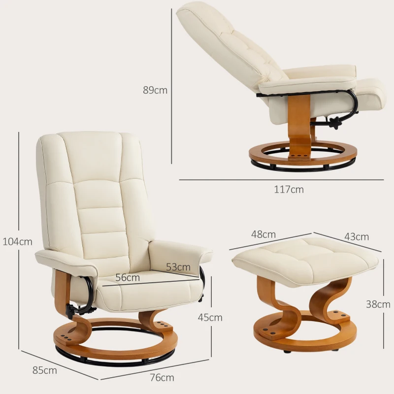 HOMCOM Fauteuil de relaxation inclinable avec repose-pied, pivotant, cadre en bois , revêtement synthétique crème(m-3)