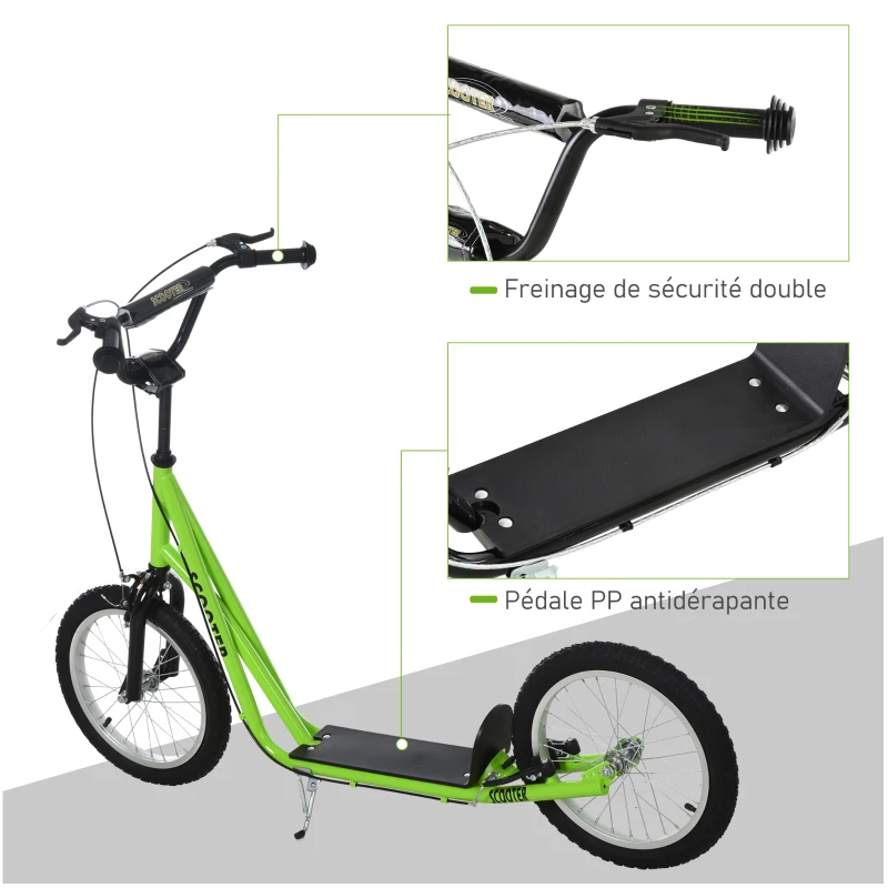 HOMCOM Trottinette patinette pour Enfants à partir de 5 Ans Grands pneus Guidon réglable poignée Frein et béquille Acier Vert