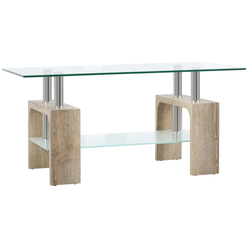 HOMCOM Mesa de Centro Rectangular de Vidrio con Estante Patas de Madera Estilo Moderno 90x50x42 cm Madera Natural