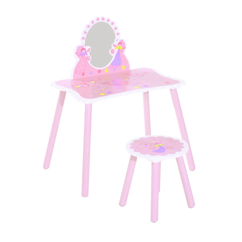 HOMCOM Coiffeuse Enfant - Tabouret Inclus - Table de Maquillage dim. 59L x 39l x 77H cm - Motifs fées, Papillons, Fleurs - Bois de pin, MDF - Rose Blanc