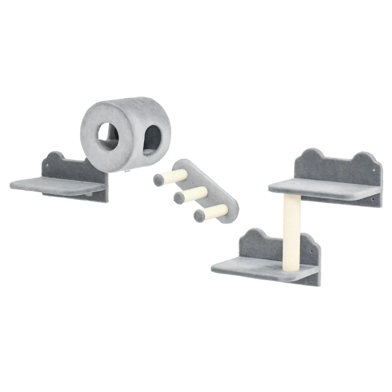 PawHut 4PCs Wall-Mounted Cat Tree, with Steps, Perch, Cat House - Grey