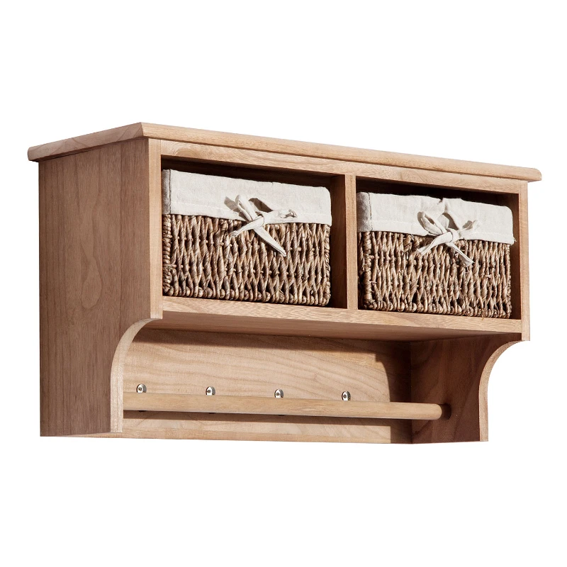 HOMCOM Wall Mounted Entryway Coat Rack, Hallway Storage Shelf  with 2 Baskets and 4 Hooks, Brown