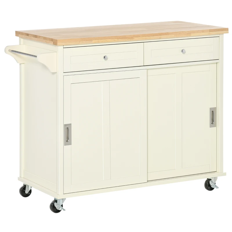 HOMCOM Carrito de Cocina Carro de Servicio Multifuncional con Ruedas 2 Puertas Correderas 2 Cajones y Barra de Colgar 110x49,5x89,5 cm Crema