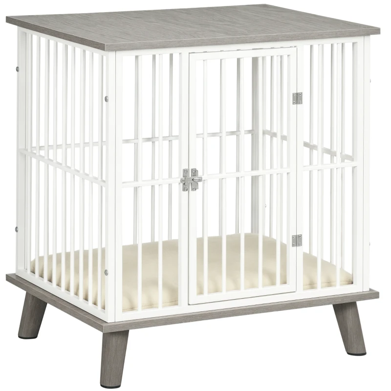 PawHut Dog Crate Furniture, Indoor Pet Kennel Cage, Top End Table w/ Soft Cushion, Lockable Door, for Small Dogs, 64.5 x 48 x 70.5 cm - Grey