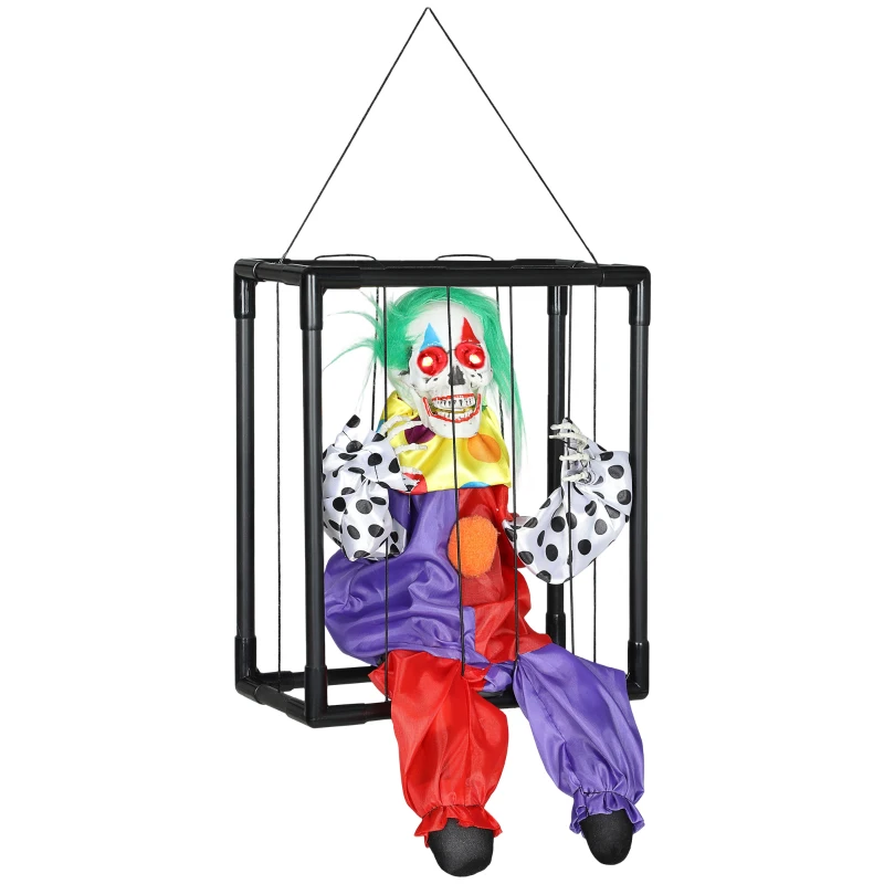 Outsunny Halloween Animated Hinging Clown in Cage with Glowing LED Eyes, Spooky Clown Scary Halloween Decorations, Battery Operated, Indoor Party Props