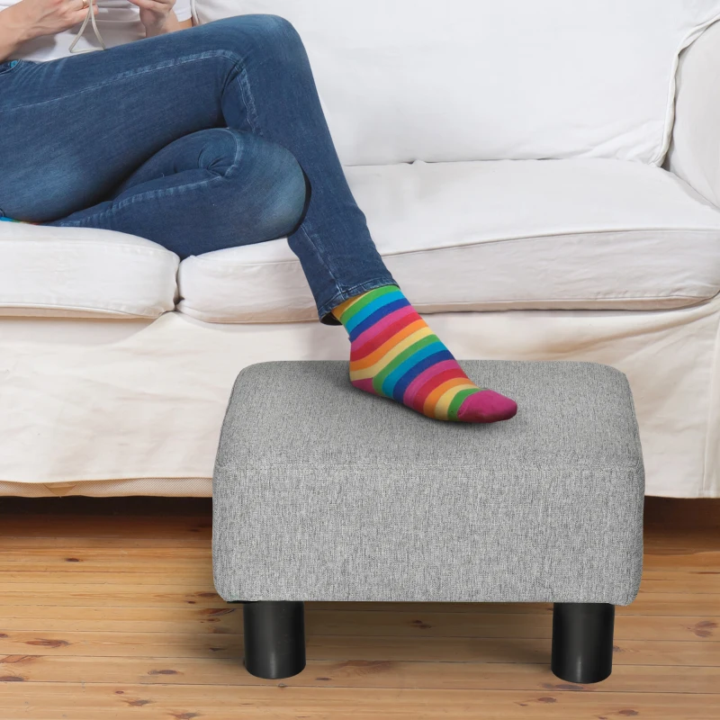 HOMCOM Footstool, Linen Upholstered Footrest, Small Ottoman Foot Rest with Wooden Frame for Living Room, 40 x 30 x 24cm, Grey(m-4)