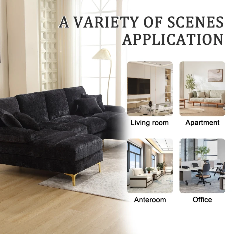 U-Shaped Modular Sofa with Pillows, Double Chaise, Rubber Pads, Chenille Fabric Sectional Couch for Living Room, 272L x 136W x 88H cm, Black