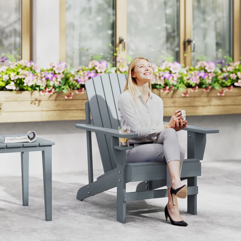 Outsunny Adirondack Tuinstoel met Bekerhouder Ligstoel Balkonstoel Massief Hout Donkergrijs 97 x 72.5 x 93 cm