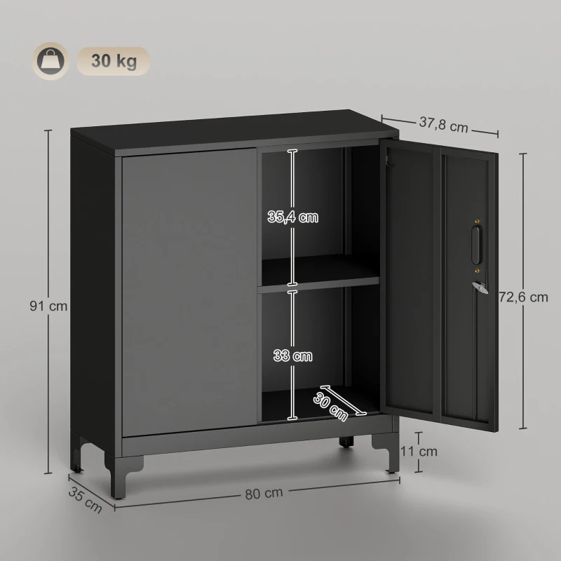 HOMCOM Büroschrank aus Metall, verschließbare Türen, Bürokommode, 2-stufiges Design, Schwarz(m-3)