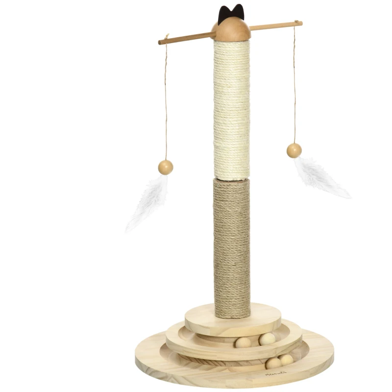 PawHut Árbol Rascador para Gatos de Madera con Poste de Yute y Sisal y Juego de Bolas para Jugar Ø32x56 cm Natural