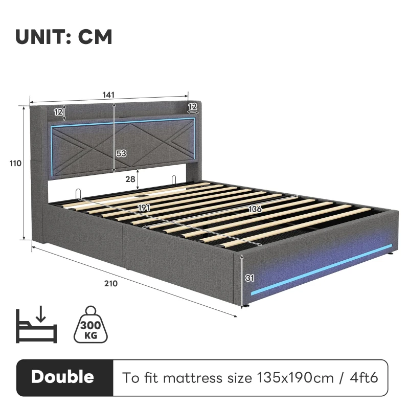Double Upholstered Bed Frame with Hydraulic Storage, LED Lighting, USB and Type-C Charging Station, 210L x 141W x 110H cm, Grey