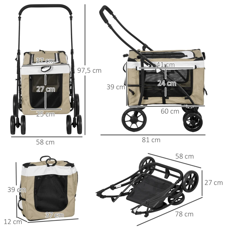 PawHut Carrinho para Animais de Estimação Carrinho para Cães Dobrável com Compartimento Desmontável 4 Portas 81x58x97,5 cm Cáqui