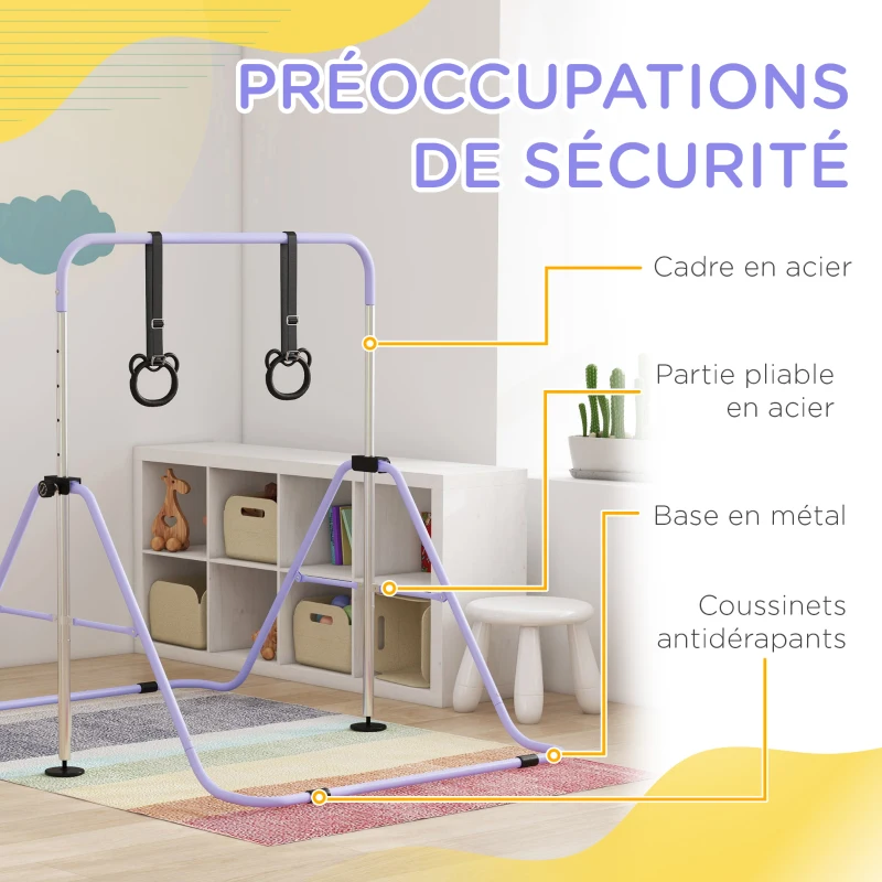 HOMCOM Barre de gymnastique pour enfants, barre horizontale pliable à hauteur réglable avec anneaux de gymnastique, violet