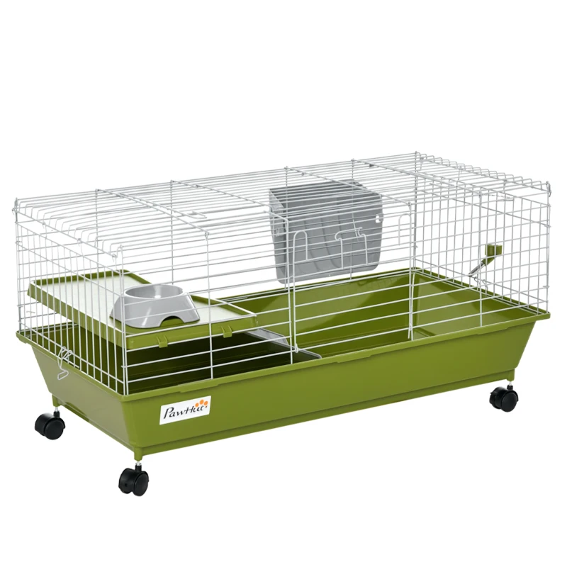 PawHut Small Animal Cage Rabbit Guinea Pigs Chinchillas Cage w/ Wheels Water Bottle Food Dish Platform Ramp 89 x 44 x 43 cm Green