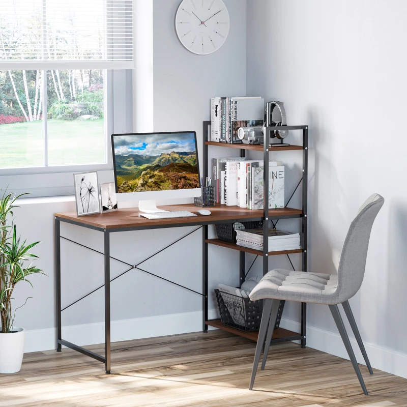 HOMCOM Computer Desk with Storage Shelves, Industrial Writing Table, Study Workstation for Home Office with Metal Frame, Walnut and Black(m-2)