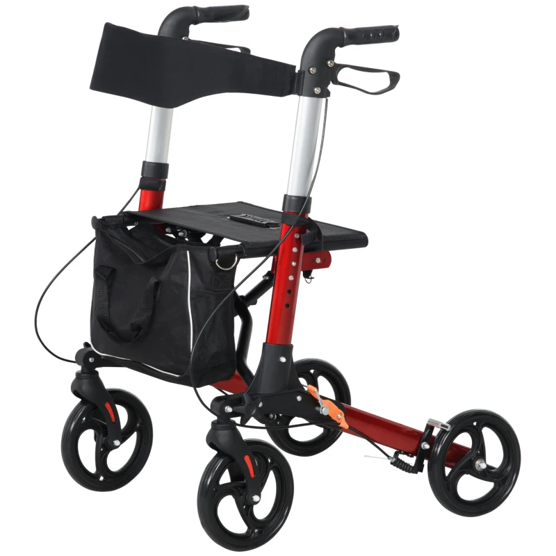 HOMCOM Folding Rollator Walker with Seat and Back, Lightweight Walking Frame with Removable Storage Bag, Dual Brakes, Adjustable Handle, 4 Wheeled Walker for Elderly, Handicapped, Red(m-11)