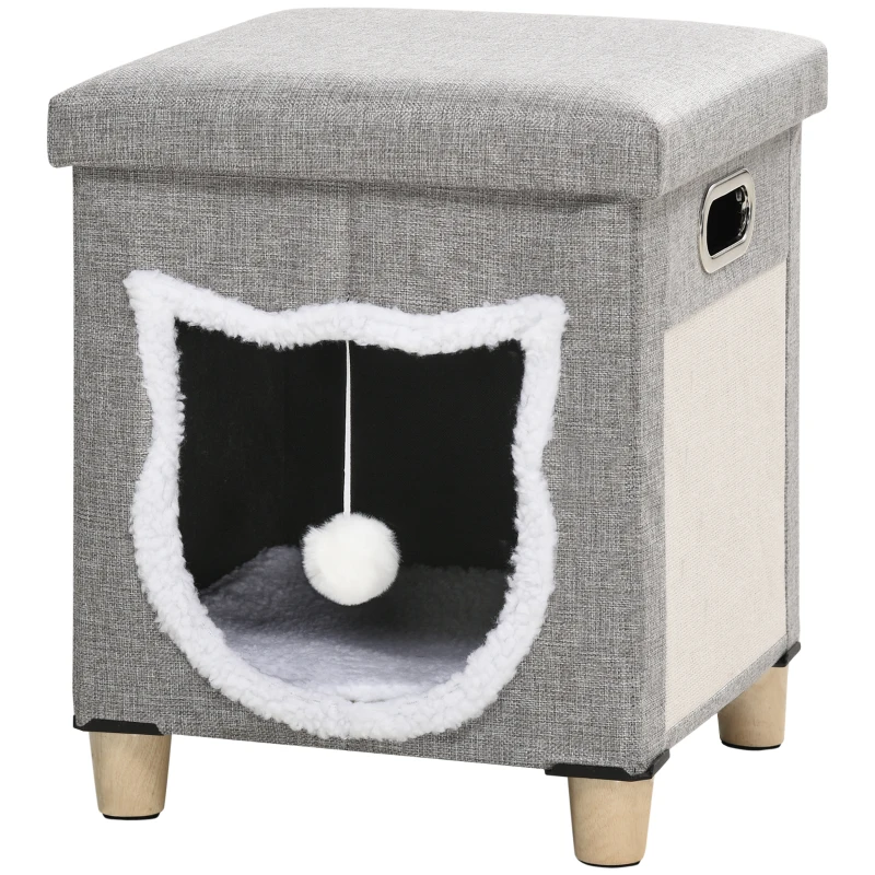 PawHut 2 en 1 Reposapiés Cama para Gatos con Cojín Extraíble Bola Colgante y Almohadilla para Rascar 35,5x35,5x42,5 cm Gris
