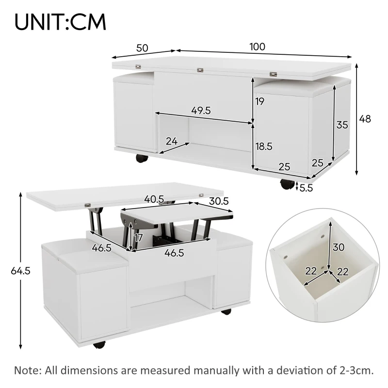 Lift-Up Coffee Table with Hydraulic Mechanism, Hidden Storage and Adjustable Height, 100L x 50W x 48H cm, White