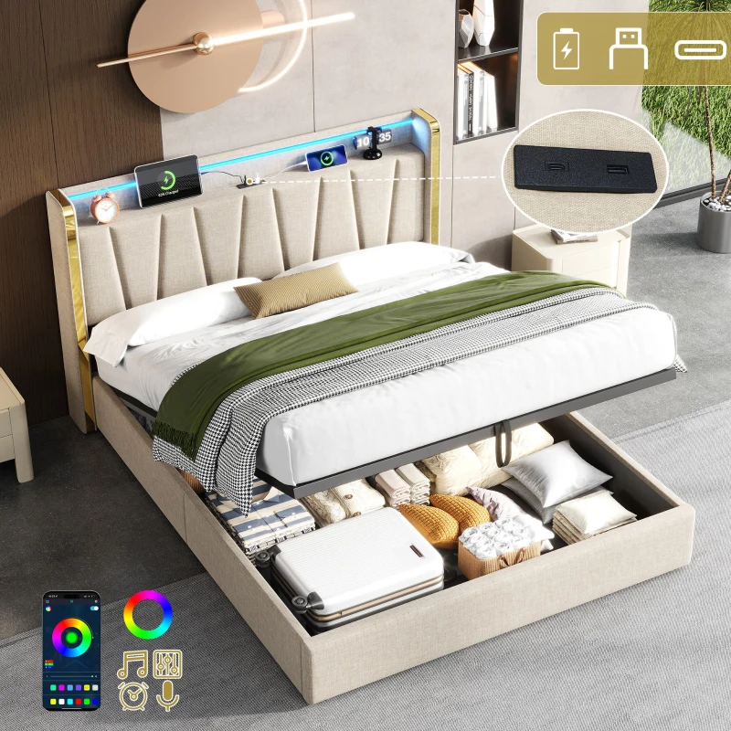Double Upholstered Bed Frame with Hydraulic Storage, LED Headboard with USB and Type-C Charging Ports, 214L x 150W x 110H cm, Beige