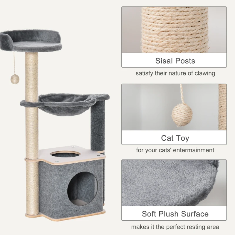 PawHut Cat Tree for Indoor Cats 95cm Climbing Tower Kitten Activity Center with Sisal Scratching Post Perch Roomy Condo Hammock, Grey