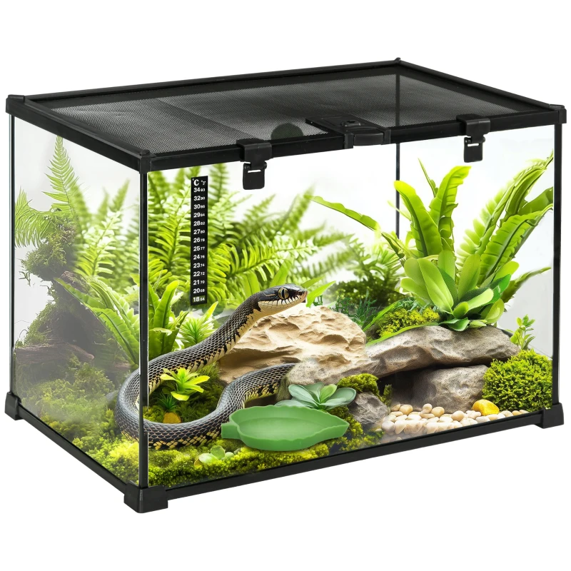 PawHut Terariu Înălțat pentru Reptile cu Încuietoare și Ușă pentru Hrănire, 50x30x35 cm, Negru