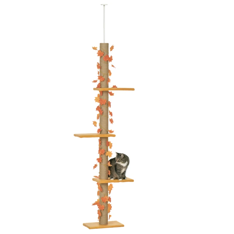 PawHut Árvore para Gatos do Chão ao Teto 37x21x202-242 cm Torre Arranhador para Gatos com Altura Ajustável 3 Plataformas Laranja
