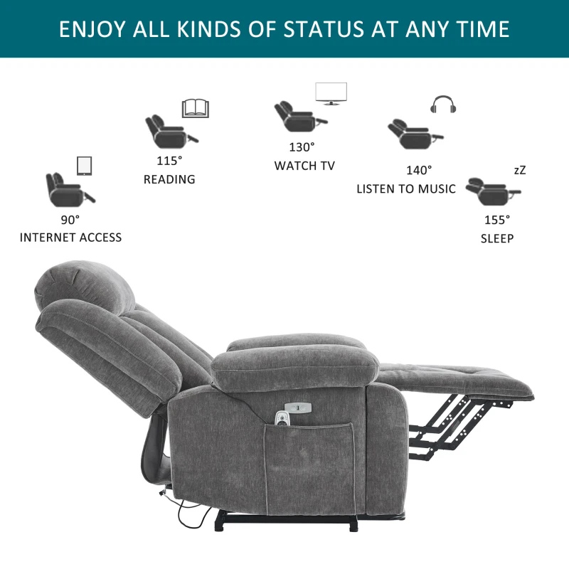 Electric Power Lift Recliner Chair with Massage and Heat, USB Ports and Storage Pocket, Easy Assembly and Support, 95L x 94W x 107H cm, Grey