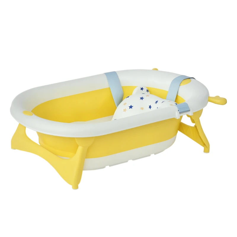 HOMCOM Vaschetta Bagnetto Pieghevole per Bambini 0-3 Anni con Indicatore di Temperatura e Cuscino, 81.5x50.5x23.5 cm, Giallo