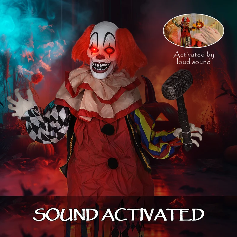 Outsunny 173 cm Life Size Halloween Animated Standing Clown & Hammer with Red Light Up Eyes, Sound Activated Moving Arms & Head, Scary Clown Halloween Decorations, Battery Operated, Indoor Party Props