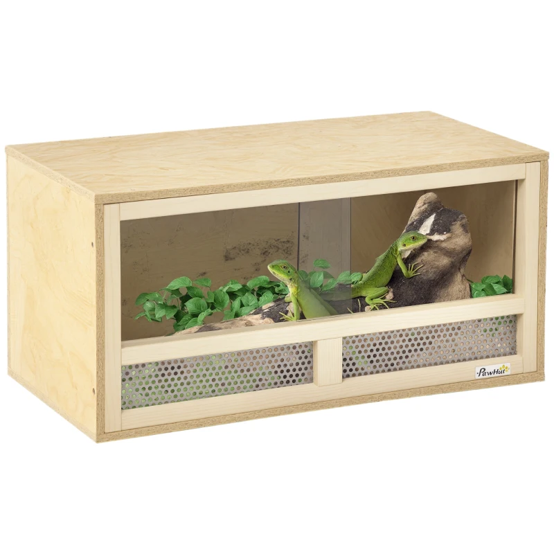 PawHut Terariu din Lemn pentru Reptile cu Uși Glisante din Sticlă și Panouri din Plasă, 60x29.5x29.5 cm, Lemn Natural