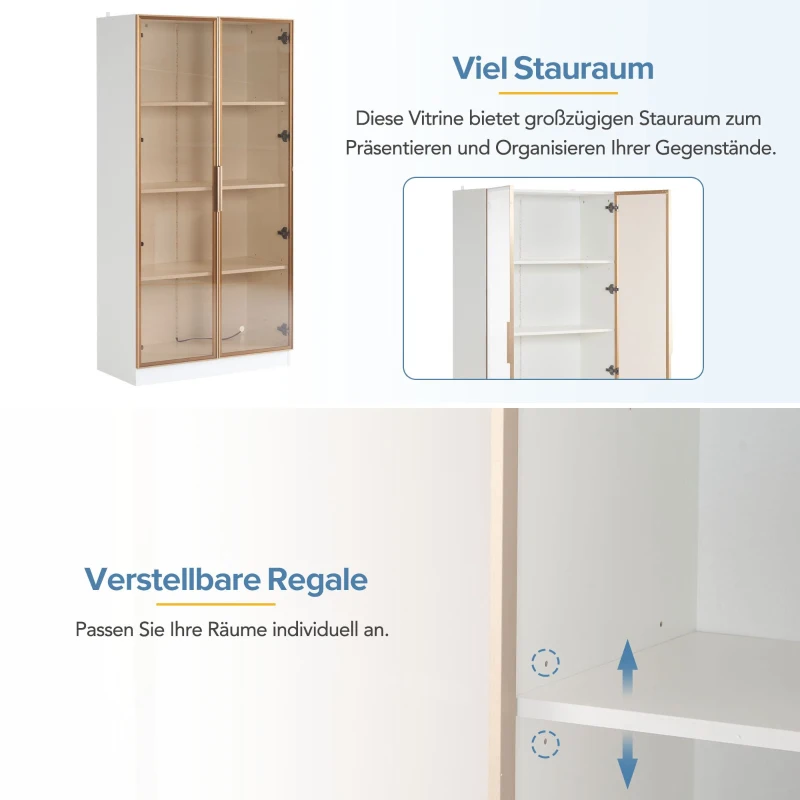 LED Display Cabinet with Tempered Glass Doors, Adjustable Shelves and Smart APP-Controlled RGB Lighting, 160L x 80W x 40H cm, White