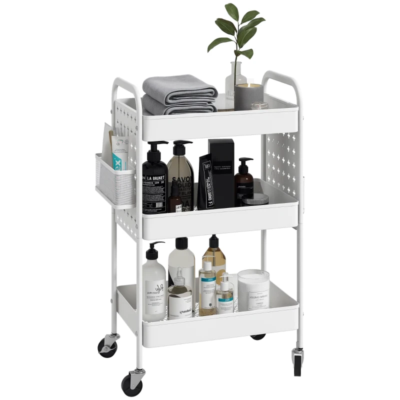 HOMCOM 3-tier Storage Trolley on Wheels, Rolling Utility Serving Cart with 3 Mesh Baskets, 2 Hanging Boxes and 6 Hooks for Living Room, Kitchen, White