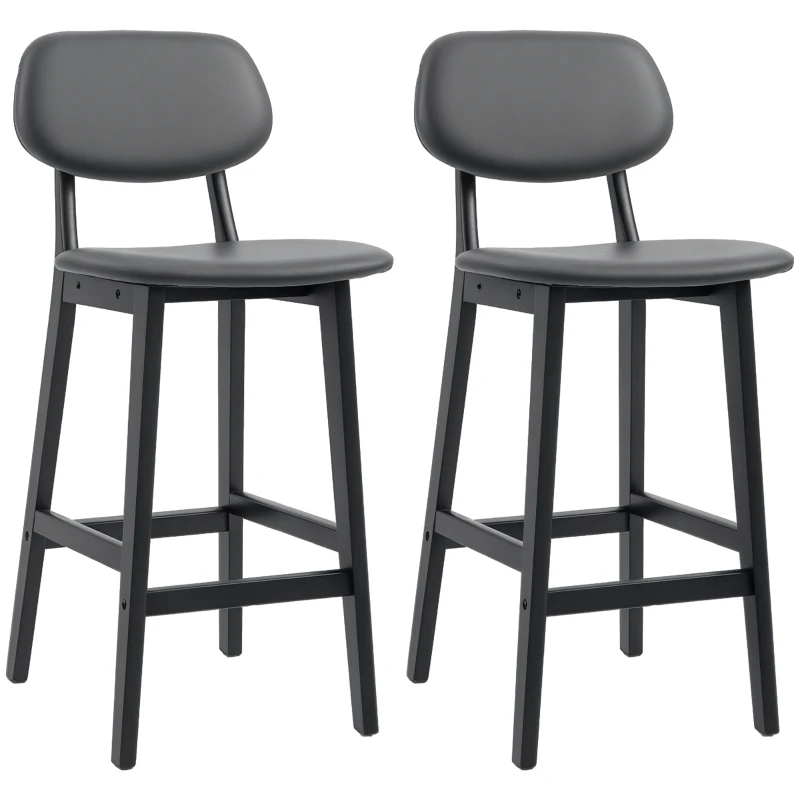 HOMCOM Bar Stools Set of 2, Contemporary Breakfast Bar Chairs, Faux Leather Upholstered Kitchen Stools with Backs and  Solid Wood Legs, Dark Grey