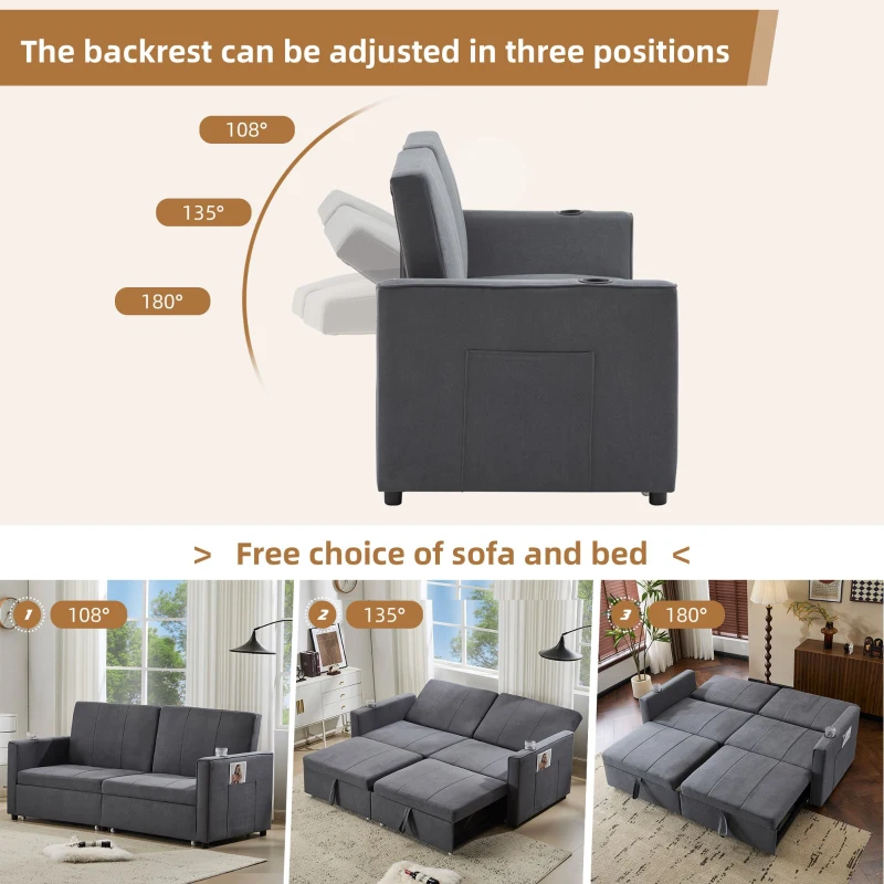 Convertible Fabric Sofa Chair with Cup Holders and Side Pockets, King Size Independent Pull Out Sofa Bed, 207L x 87W x 96H cm, Gray