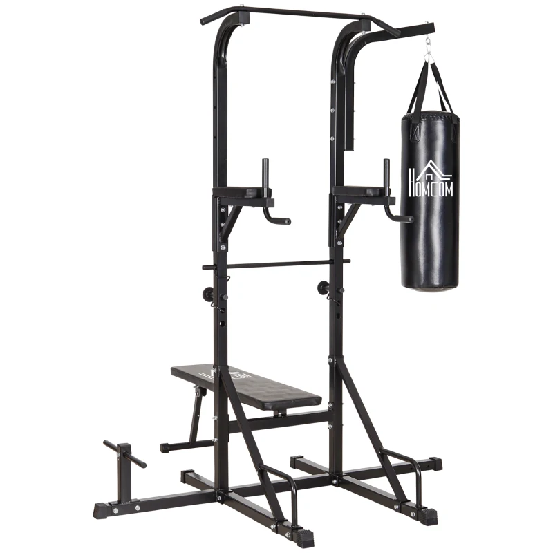 HOMCOM Estación de Musculación con Saco de Boxeo 20 kg Barra de Dominadas y Banco de Pesas Plegable 180x183x219 cm Negro