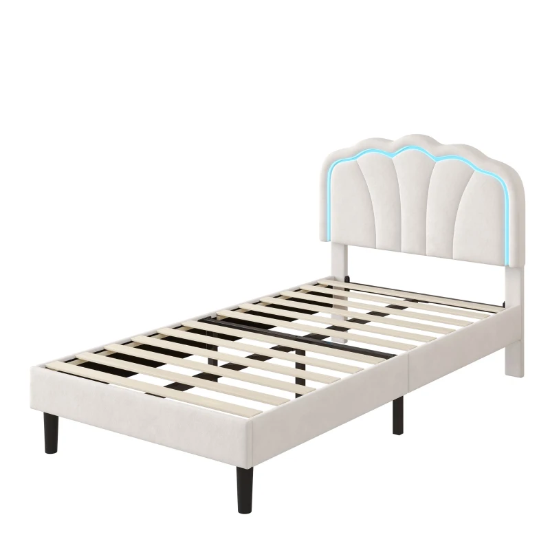 Single Upholstered Bed Frame with Adjustable Shell Headboard and RGB LED, Velvet Fabric and Solid Wood Slat, 194L x 94W x 111H cm, White