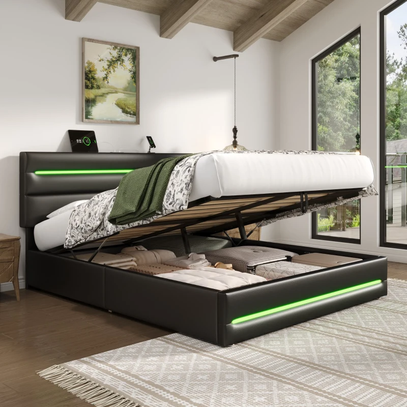 Double Upholstered Bed Frame with Hydraulic Storage, LED Adjustable Headboard with USB Ports, 200L x 145W x 110H cm, Black